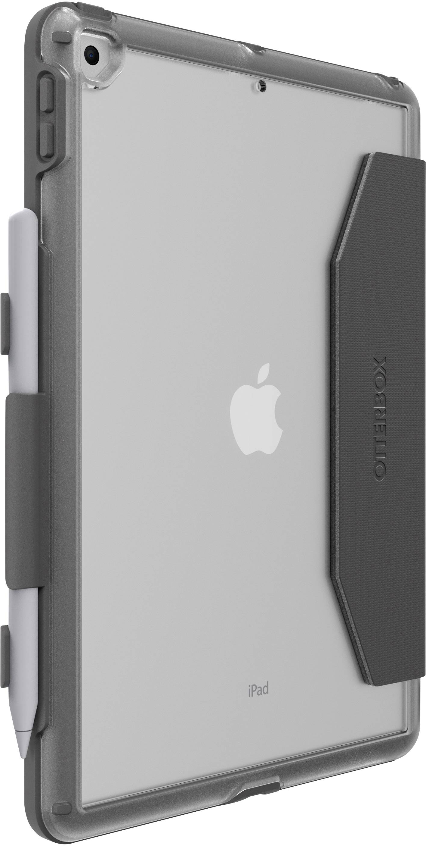 Schutzhülle für ein Tablet mit integriertem Stifthalter und transparentem Rückenteil, markiert mit dem Firmenlogo.