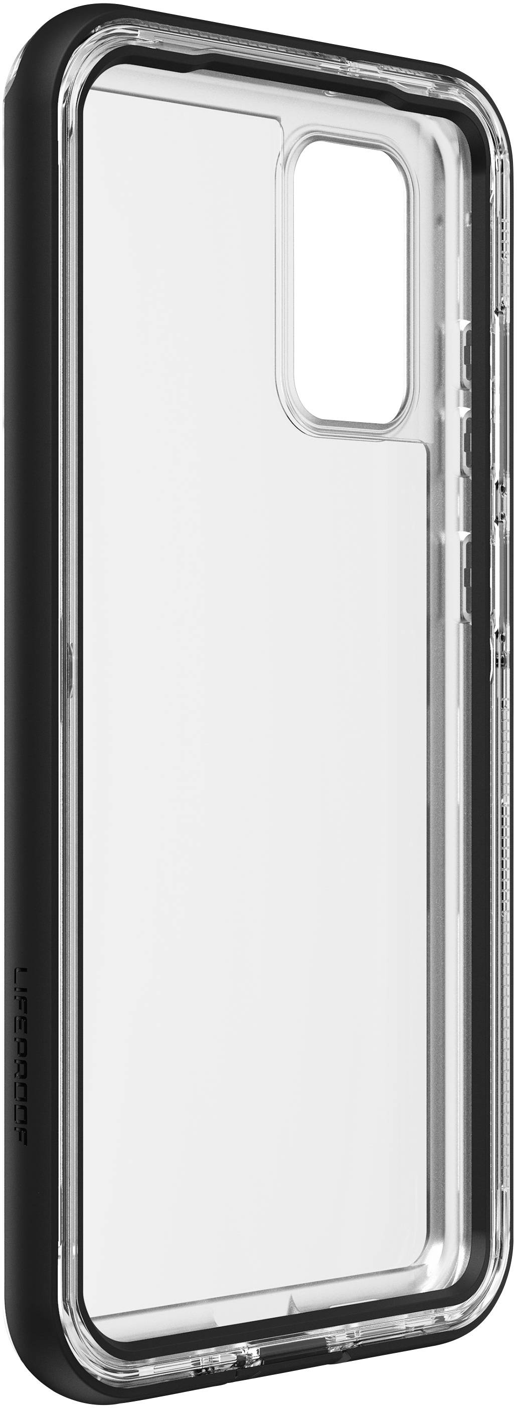 Durchsichtiges Smartphone-Case mit schwarzem Rand, passend für ein Modell mit großem Kamerafeld. Schutz gegen Stöße und Kratzer.