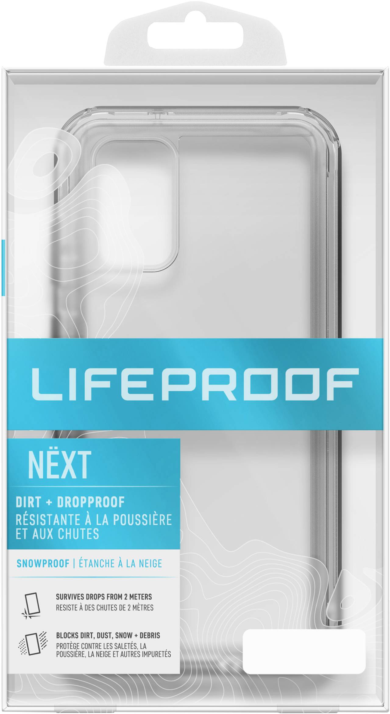 Eine transparente Handyhülle in einer Verpackung mit dem Aufdruck 'LIFEPROOF NËXT', schützt vor Schmutz, Stürzen und Schnee.