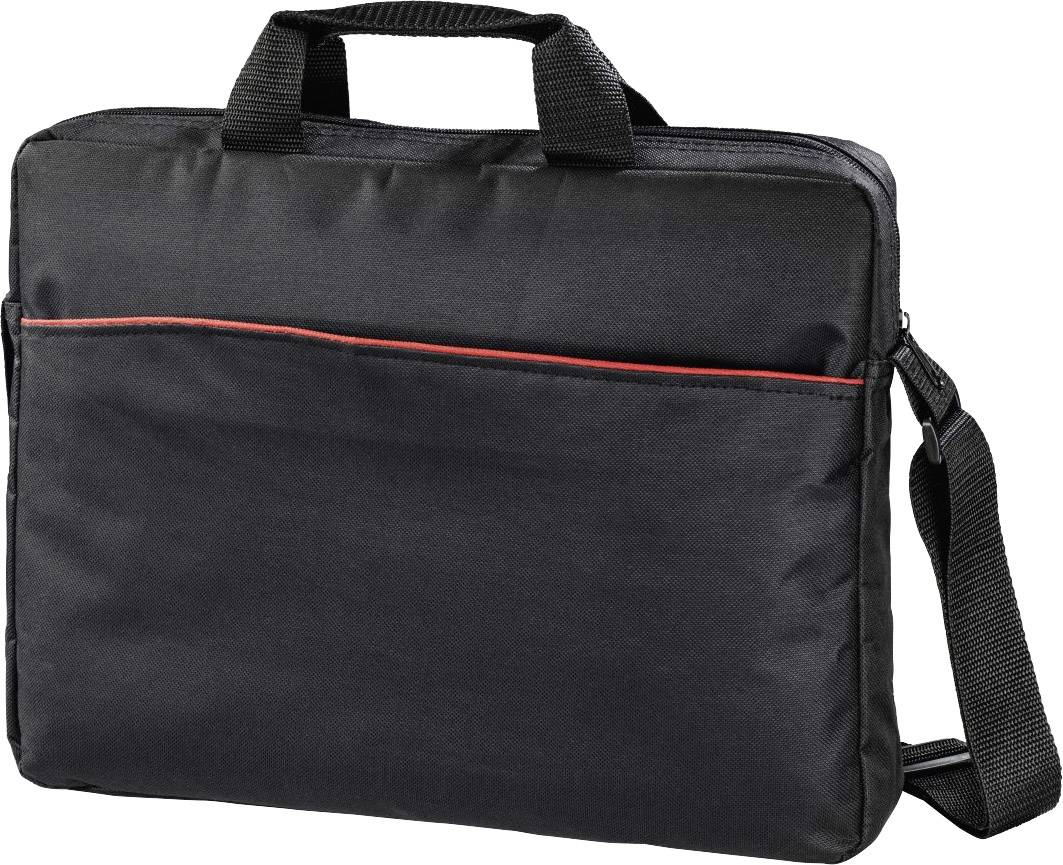 Schwarze Laptop-Tasche mit rotem Akzentstreifen, zwei Griffen und einem Schultergurt. Ideal für den sicheren Transport von Laptops.