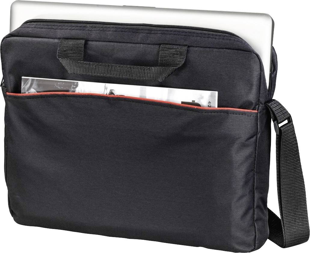 Eine schwarze Laptoptasche mit Tragegriff und Schulterriemen, in deren äußeren Tasche ein Laptop und ein Magazin zu sehen sind.
