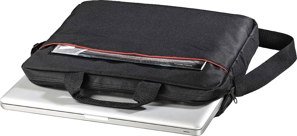 Eine schwarze Laptoptasche liegt teilweise geöffnet auf einem Laptop. Sie hat einen roten Reißverschluss und einen Tragegriff.