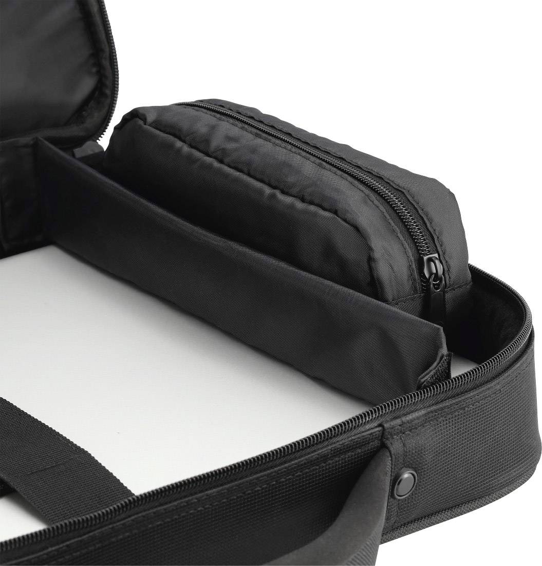 Ein schwarzer Koffer mit einer kleinen, offenen Tasche, die ein gepolstertes Etui zeigt. Das Innenfach ist auf einen Laptop ausgelegt.
