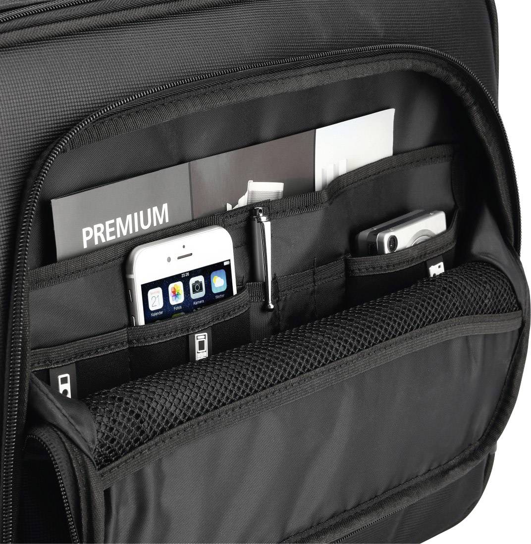 Eine geöffnete Tasche zeigt geordnete Fächer mit Dokumenten und verschiedenen elektronischen Geräten wie einem Smartphone.