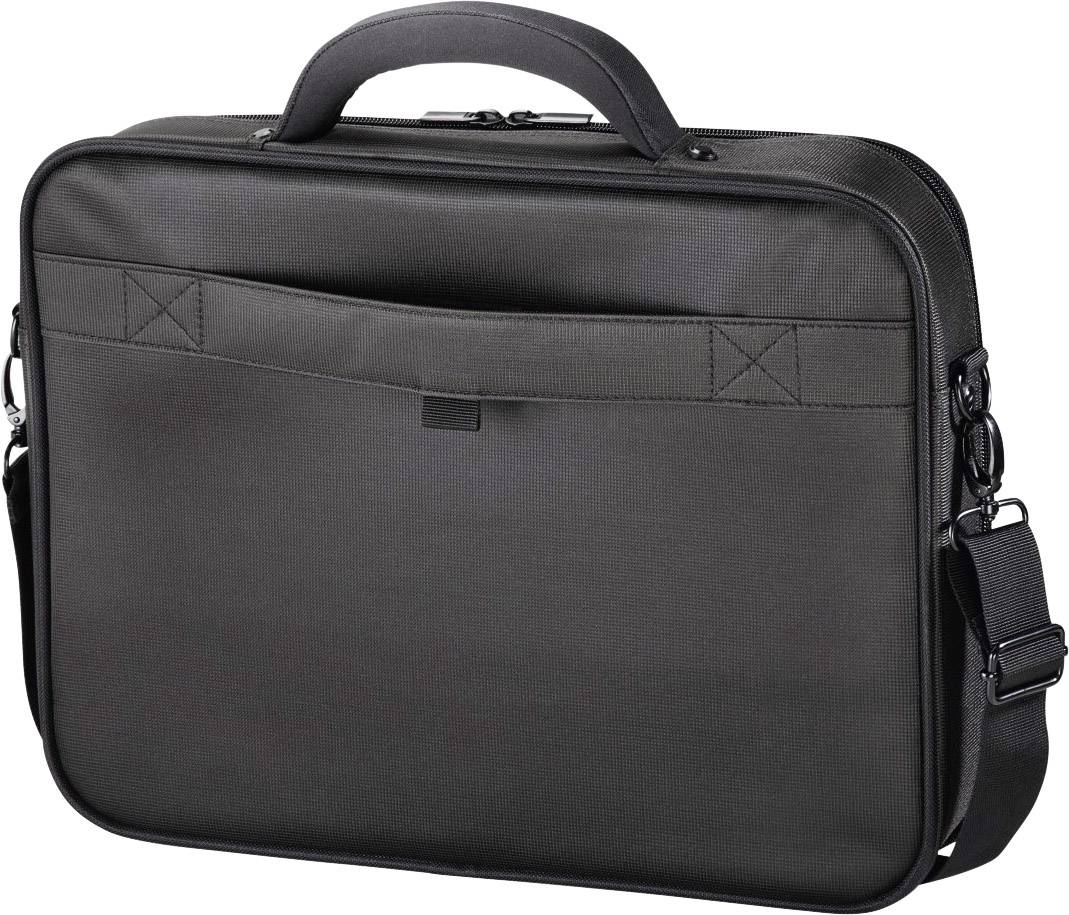 Schwarze Laptop-Tasche mit Tragegriff und Schulterriemen. Vorderseite hat eine Außentasche.