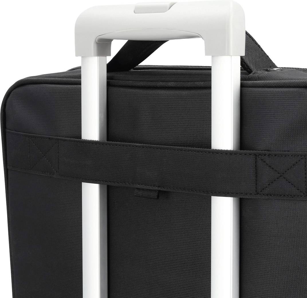 Ein schwarzer Koffer mit ausgezogenem weißen Griff, aufrecht stehend.