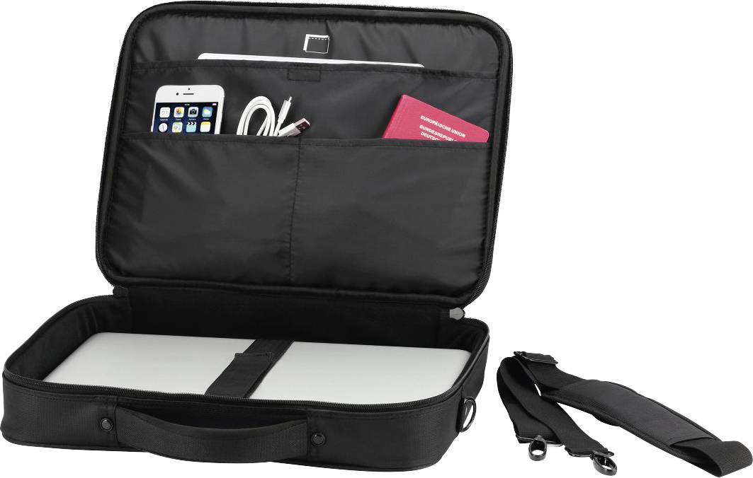 Offene schwarze Laptoptasche mit Laptop, Smartphone, Ladegerät und rotem Buch im Inneren. Abnehmbarer Schulterriemen liegt daneben.