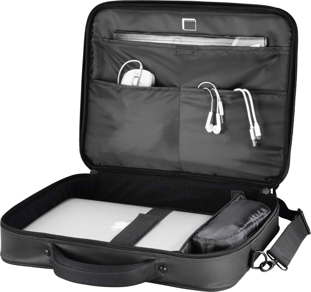Eine geöffnete schwarze Laptoptasche zeigt ein Laptop im Hauptfach und Zubehör wie ein Ladegerät und Ohrhörer in den vorderen Fächern.