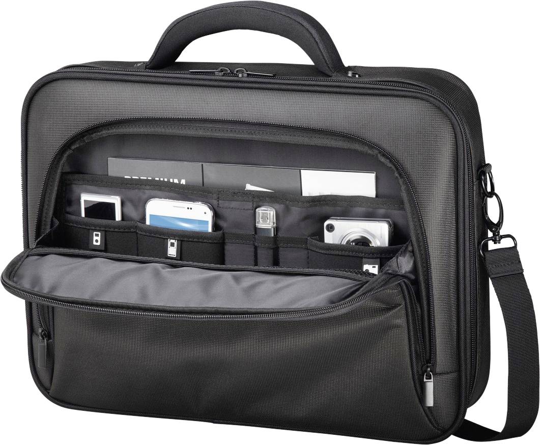 Eine schwarze Aktentasche mit geöffneter Fronttasche zeigt mehrere Fächer, die ein Smartphone, Ladegerät und Stifte organisieren.