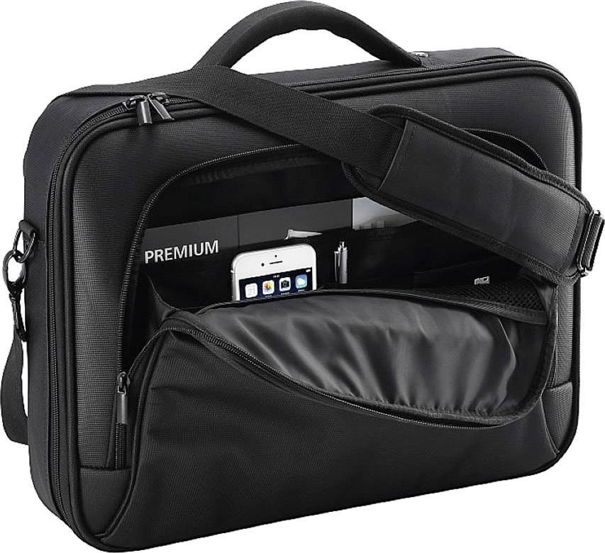 Schwarze Laptoptasche mit vorderem Fach, offen mit sichtbarem Smartphone und Stifthalter.