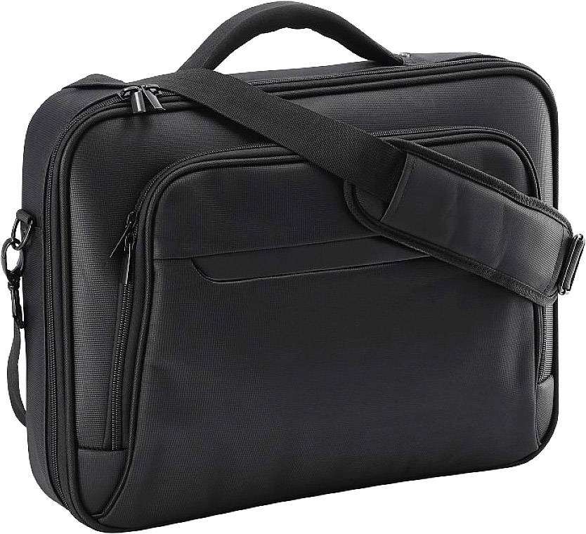 Schwarze Laptoptasche mit Reißverschlüssen und verstellbarem Schultergurt. Ideal für den Transport von Elektronik und Dokumenten.