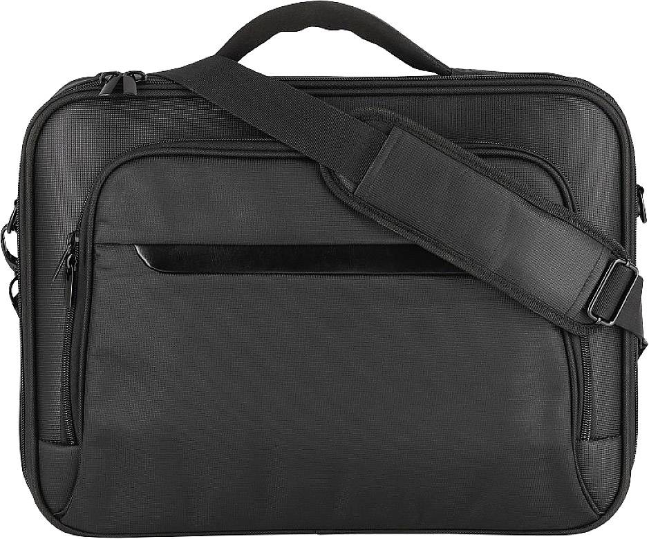 Schwarze Laptop-Tasche mit Schultergurt und mehreren Reißverschlusstaschen, geeignet für Transport von Laptops und Zubehör.