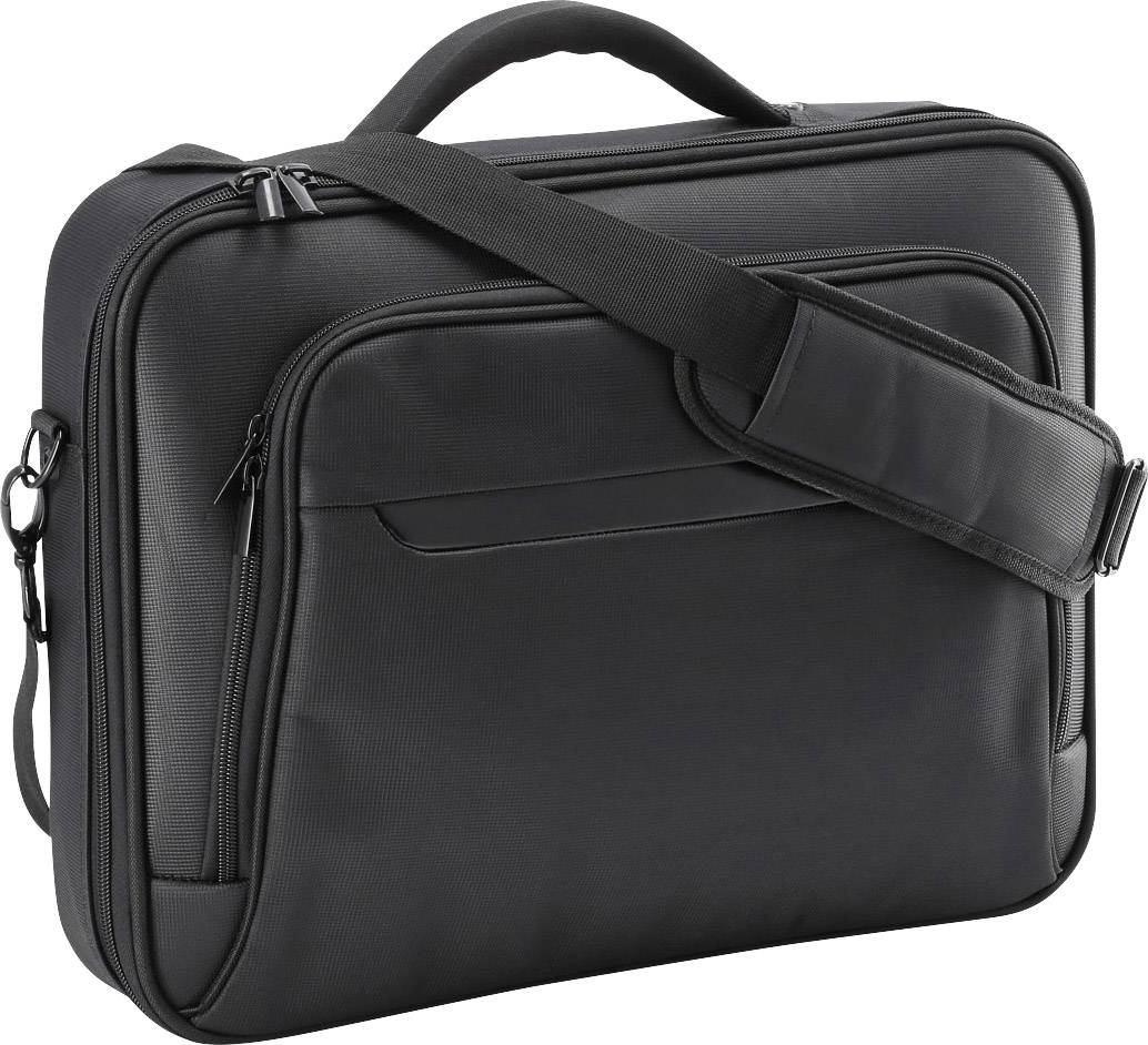 Schwarze Laptoptasche mit Reißverschlüssen, Griff und Schultergurt, geeignet für den Transport von Elektronik und Büroartikeln.