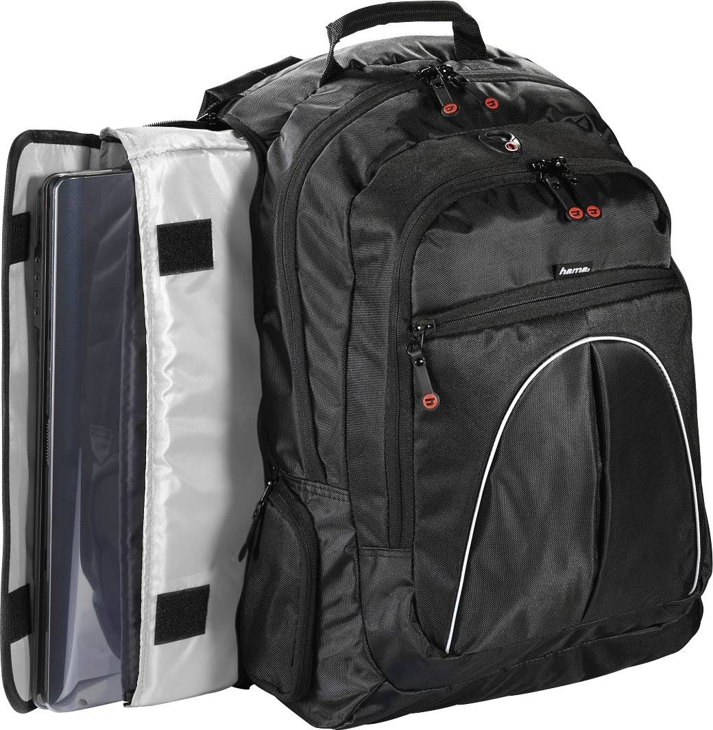 Schwarzer Rucksack mit Laptop-Fach, gepolsterten Trägern und mehreren Reißverschlusstaschen.