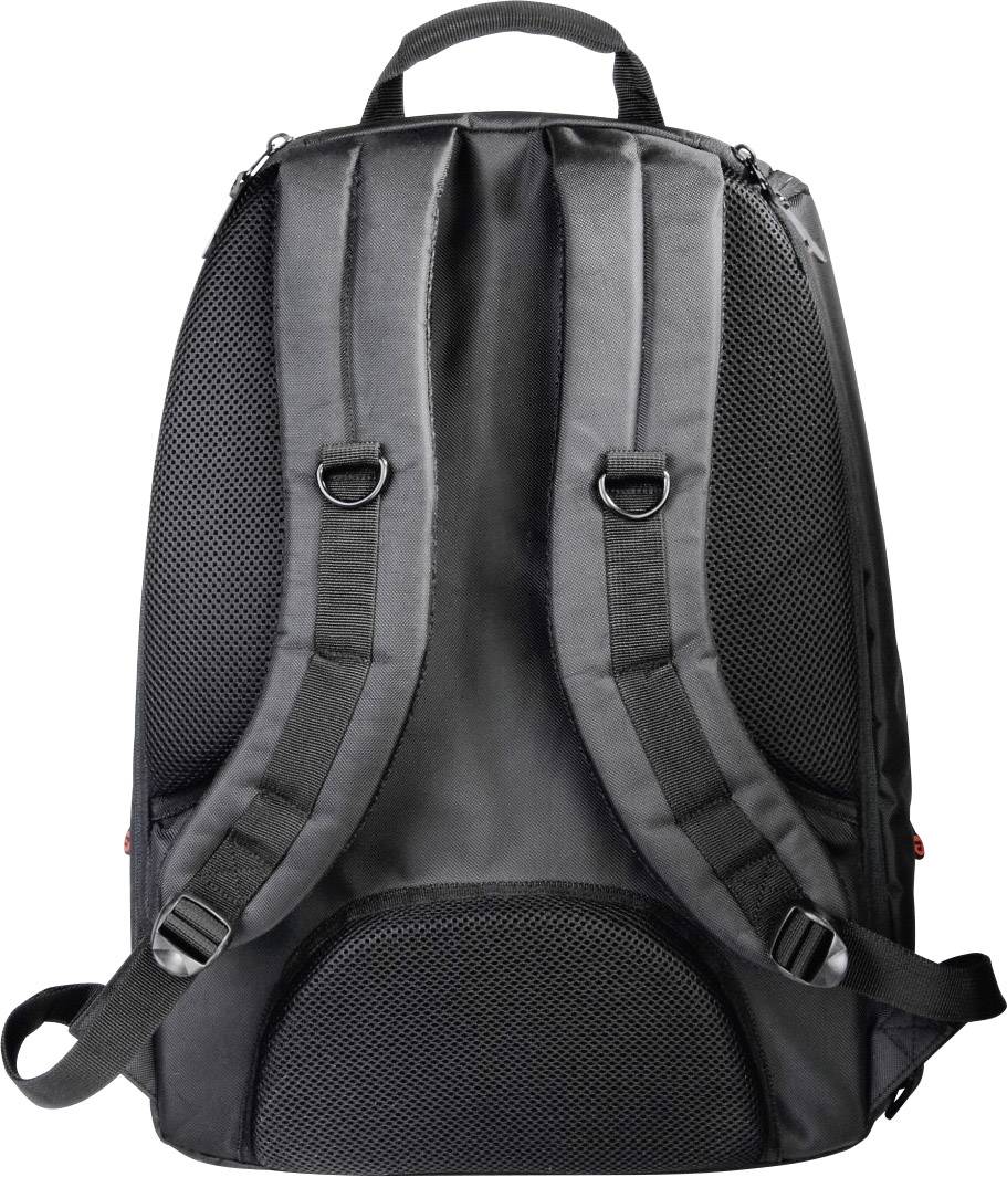 Ein schwarzer Rucksack mit gepolsterten Trägern und seitlichen Taschen, geeignet für den täglichen Gebrauch oder Reisen.