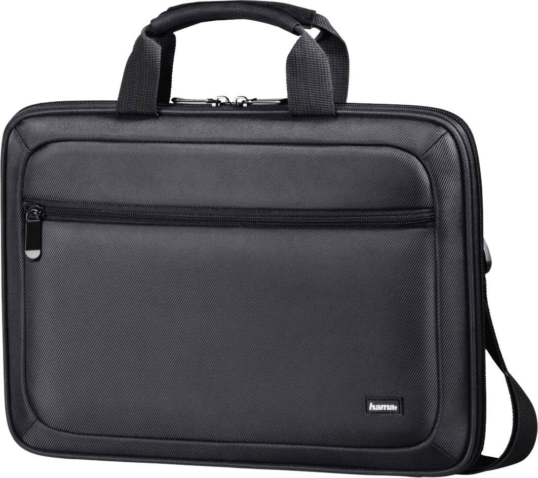 Eine schwarze Laptop-Tasche mit Reißverschlussfach vorne, zwei Griffen oben und einem abnehmbaren Schultergurt.