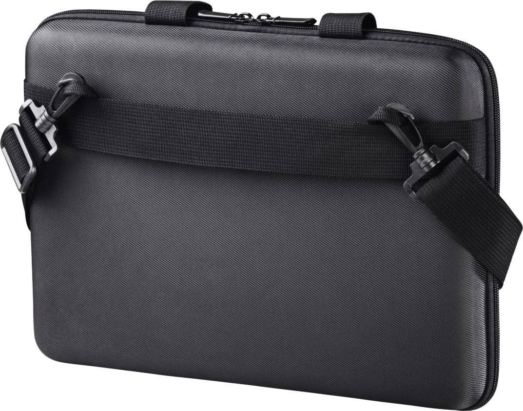 Eine schwarze, rechteckige Laptop-Tasche mit Tragegurt und Reißverschluss, geeignet für den sicheren Transport eines Laptops.