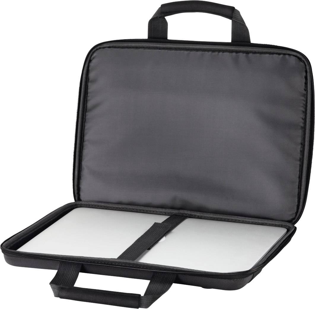 Schwarze Laptoptasche geöffnet, zeigt innen einen Laptop gesichert mit elastischem Riemen.