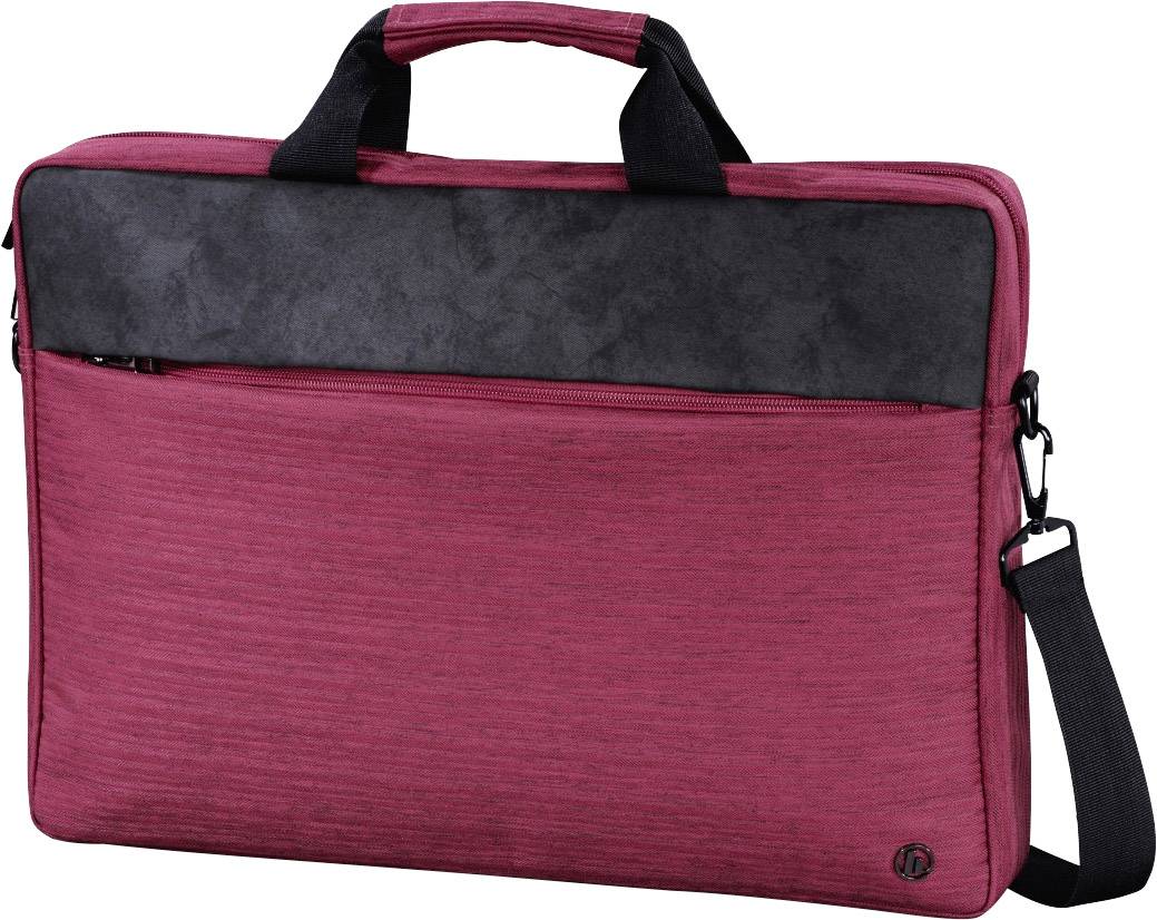 Rote Laptoptasche aus Stoff mit schwarzem Lederdetail und verstellbarem Schultergurt.