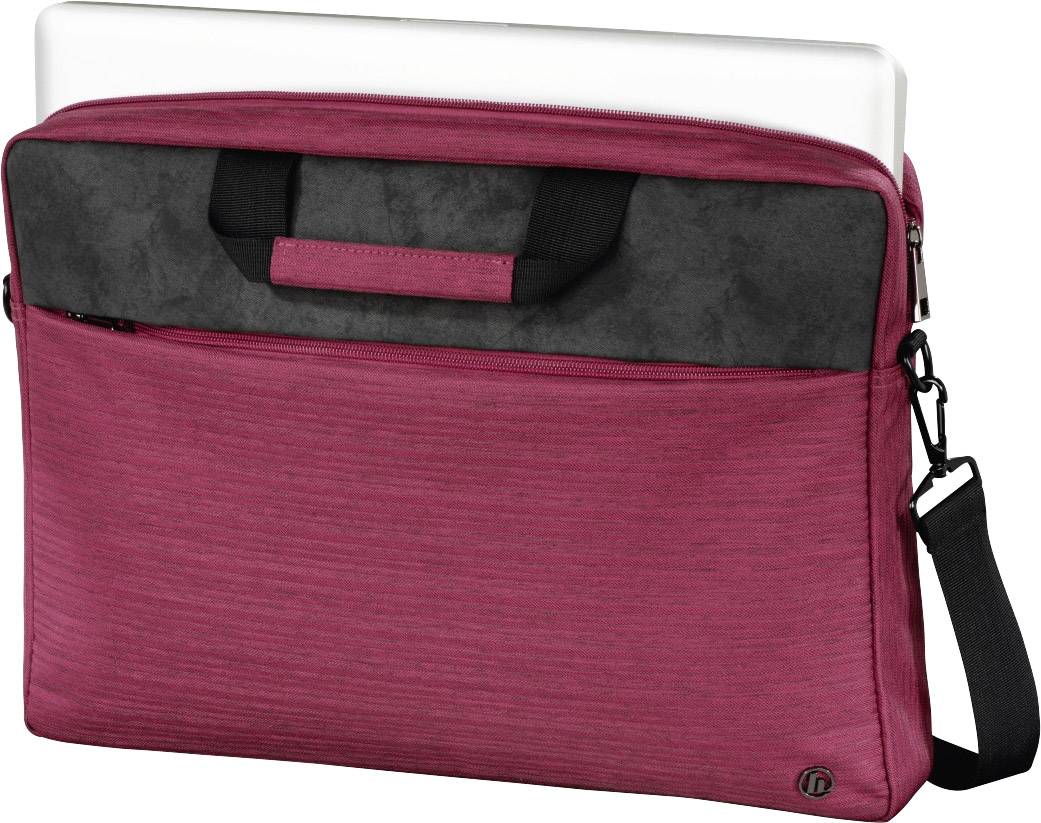 Rote Laptoptasche mit schwarzem Griff und verstellbarem Schulterriemen. Eine Laptoptasche steckt teilweise darin.