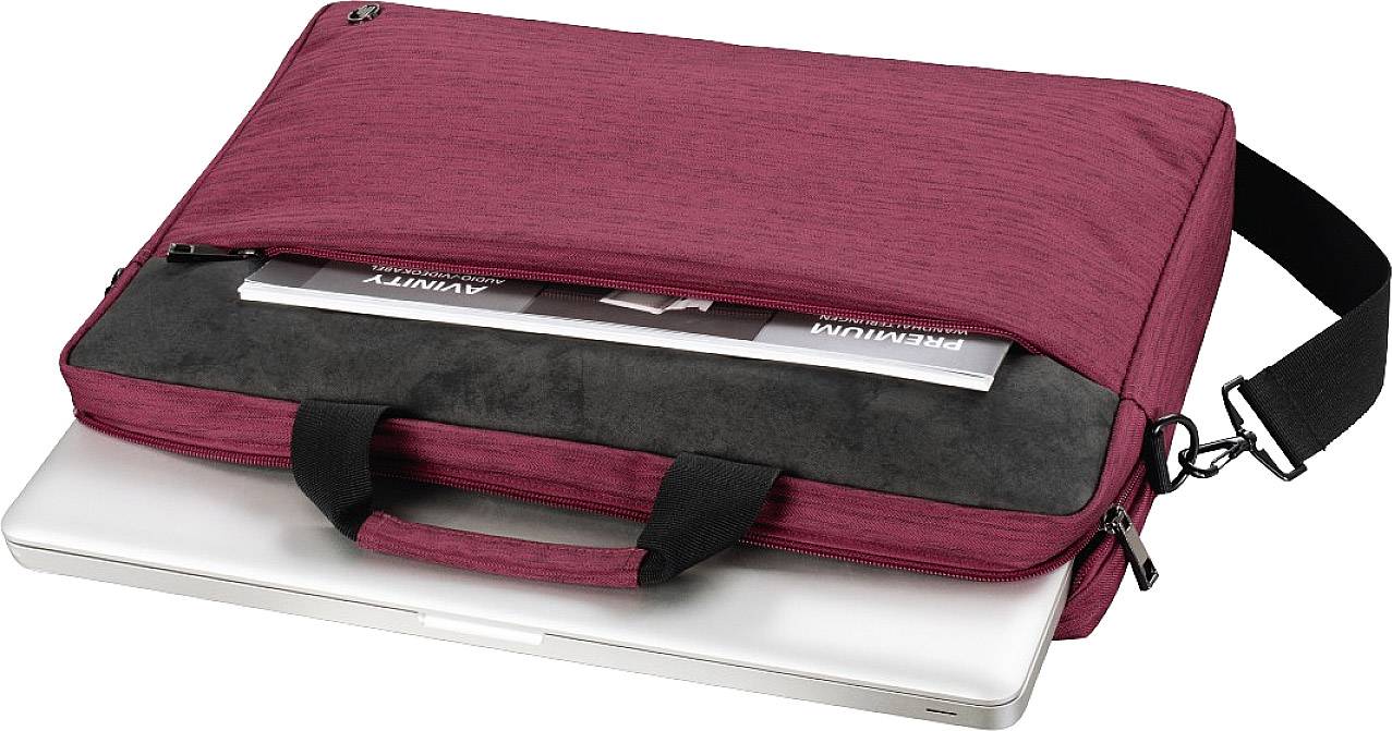 Rote Laptoptasche mit Schulterriemen, leicht geöffnet. Ein Laptop und Dokumente sind teilweise sichtbar.