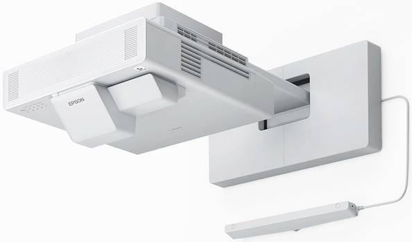 Ein moderner Epson-Projektor für die Wandmontage, zeigt ein kompaktes Design, geeignet für Präsentationen in Büros oder Klassenzimmern.