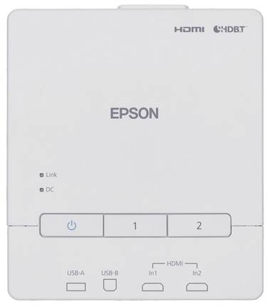 Ein Epson-Gerät mit HDMI- und HDBaseT-Anschlüssen. Es hat Link- und DC-Statusleuchten und Schalter für Eingänge 1 und 2 sowie USB-A und USB-B Ports.
