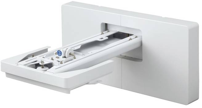 Weißer Wandhalterungsschwenkarm, ausgeklappt. Enthält Befestigungsschienen und Schraubenvertiefungen, zur stabilen Montage geeignet.