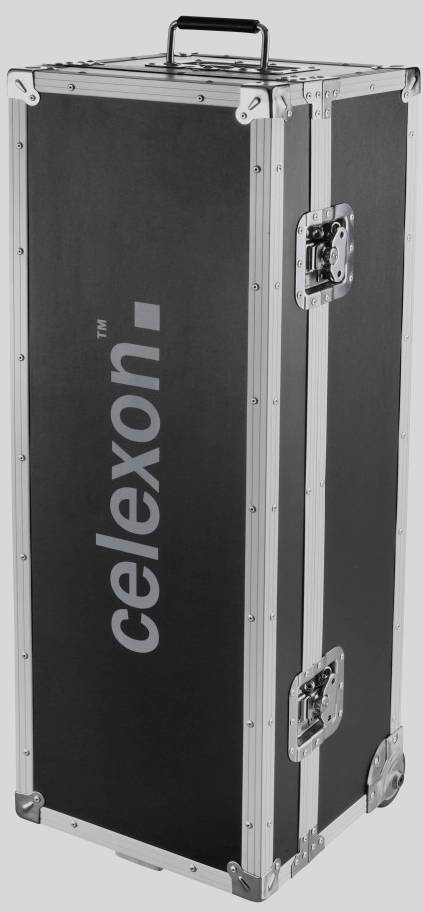 Schwarzer rechteckiger Transportkoffer mit silbernen Metallecken und Griff, bedruckt mit der Aufschrift 'celexon' in grauer Schrift.