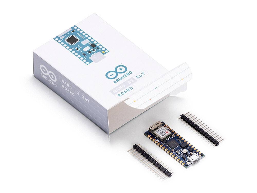 Arduino-Board und Verpackung: Eine Platine mit Sensor und zwei Stiftleisten; für IoT-Projekte. Verpackung mit Arduino-Logo.