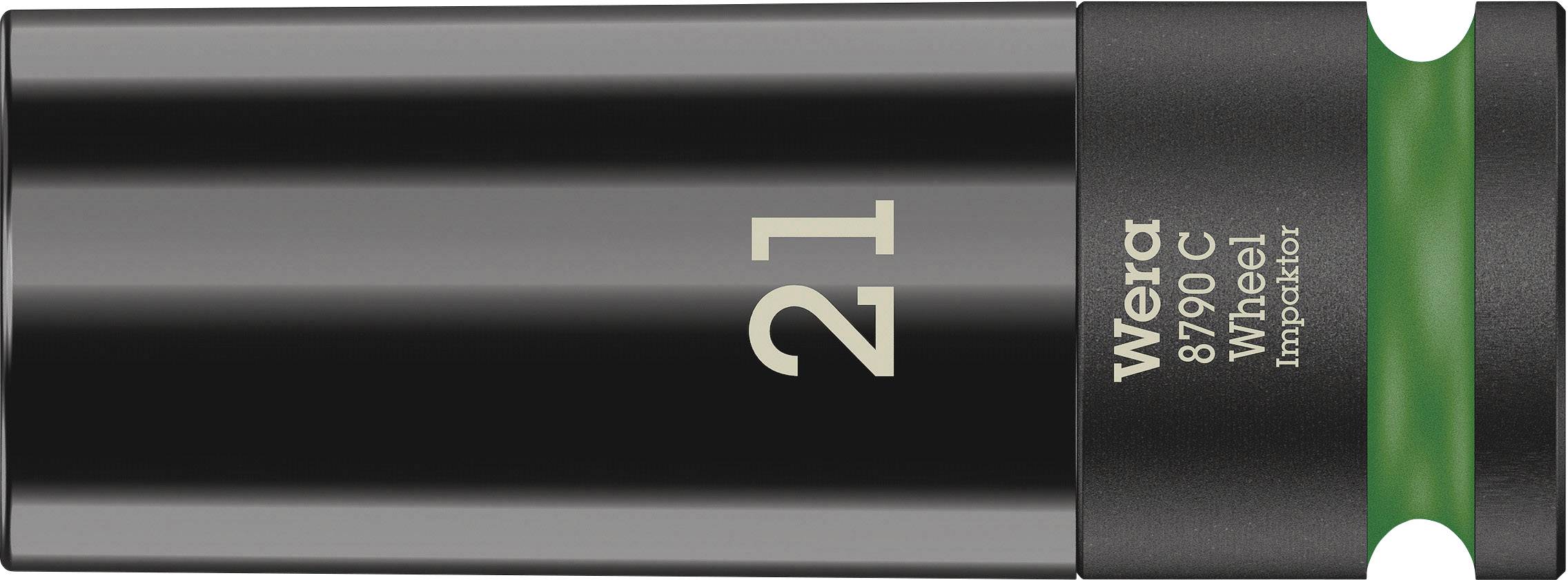 Schwarze Stecknuss mit grüner Markierung, Aufdruck '21', Text 'Wera 8790 C Wheel Impaktor'. Besonders langlebiges Werkzeug.