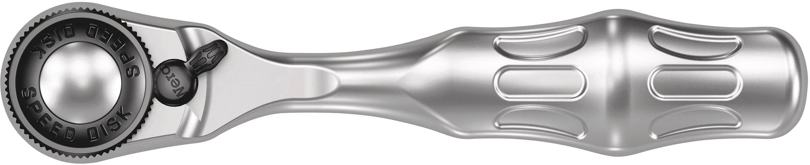 Ratsche mit silbernem, ergonomischem Griff und Drehschalter. Eignet sich zum Festziehen und Lösen von Schrauben und Muttern.