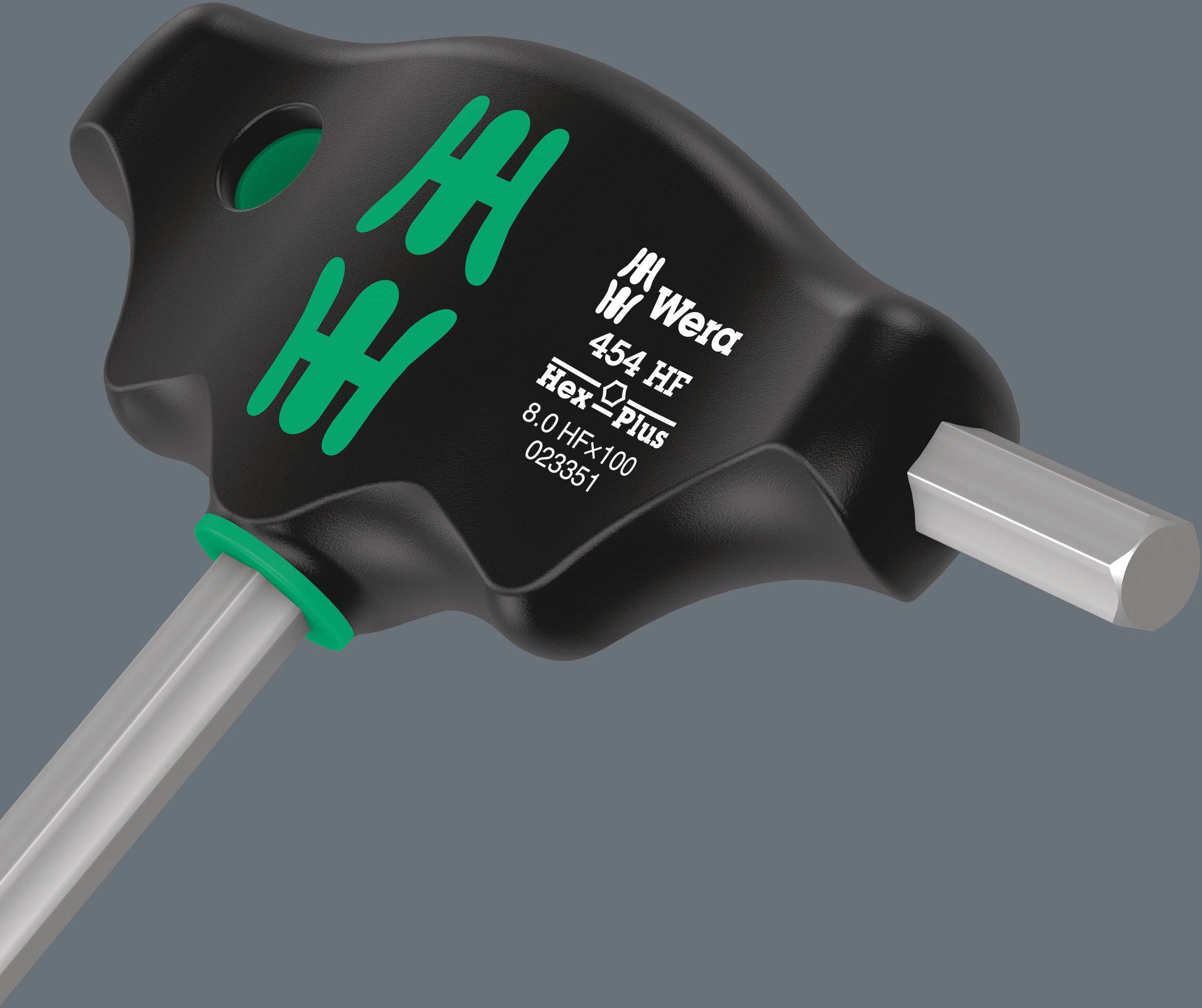 Ein schwarzer Sechskantschlüssel mit grünem Griff und der Aufschrift 'Wera 454 HF Hex-Plus 8.0 HF-100 023631'.