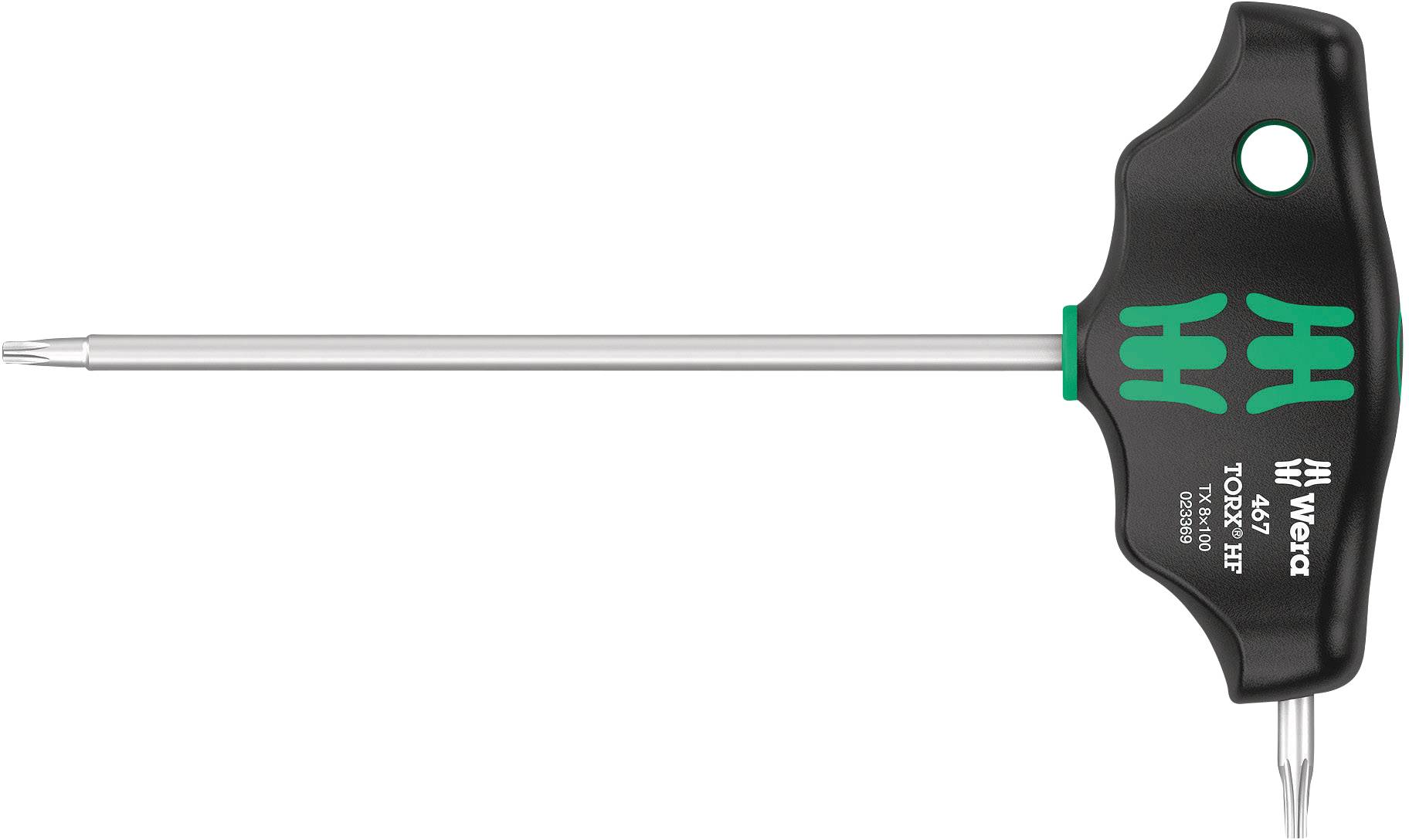 T-förmiger Torx-Schlüssel von Wera mit grün-schwarzem Griff und langem Metallstift, geeignet für Schraubarbeiten.