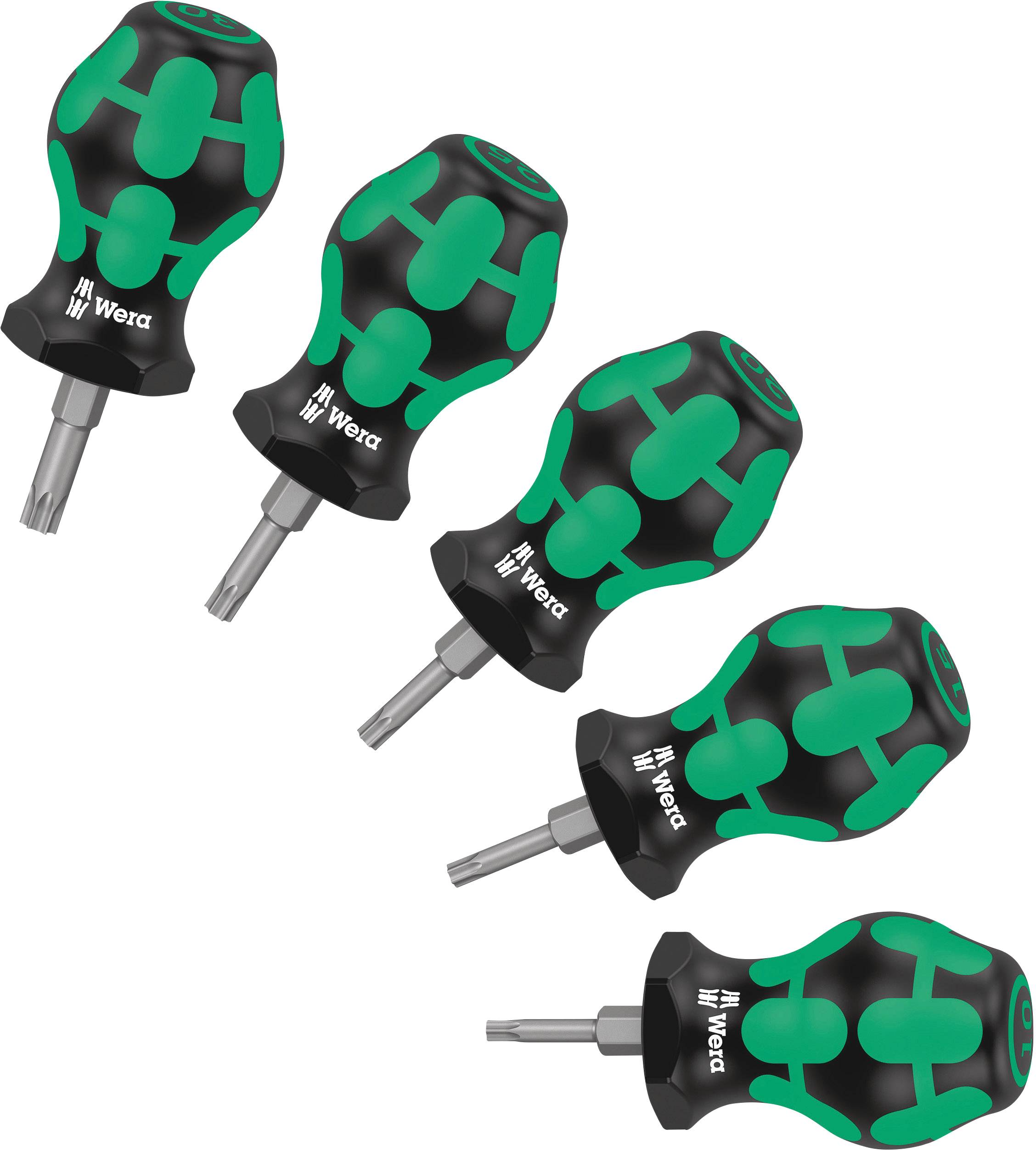 Fünf grüne und schwarze Schraubendreher mit ergonomischen Griffen für Torx-Schrauben. Markenlogo auf jedem Griff sichtbar.