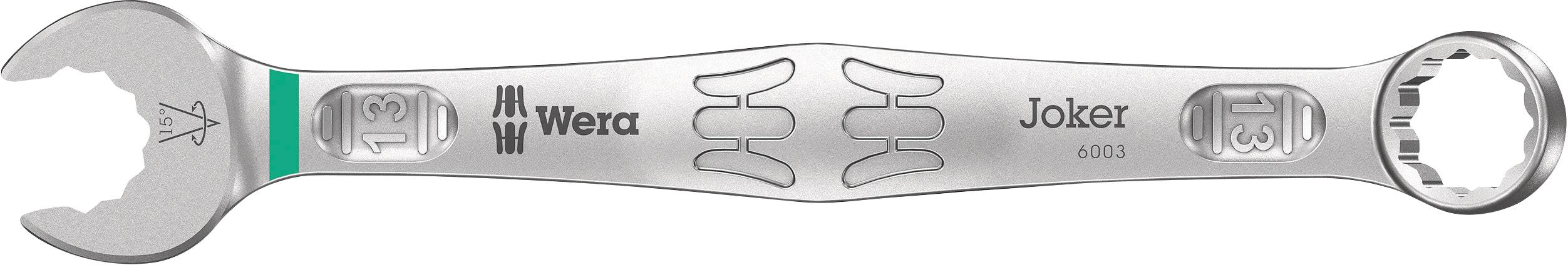 Schraubenschlüssel mit Maul- und Ringschlüsselenden. Markenname 'Wera Joker 6003' sichtbar auf dem Griff. Hochglanz Chrom-Optik.