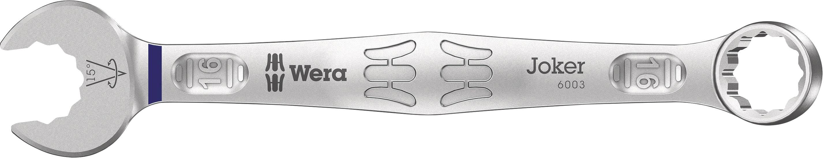 Der abgebildete Schraubenschlüssel zeigt die Aufschrift 'Wera Joker 6003'. Er hat eine offene und eine geschlossene Seite.