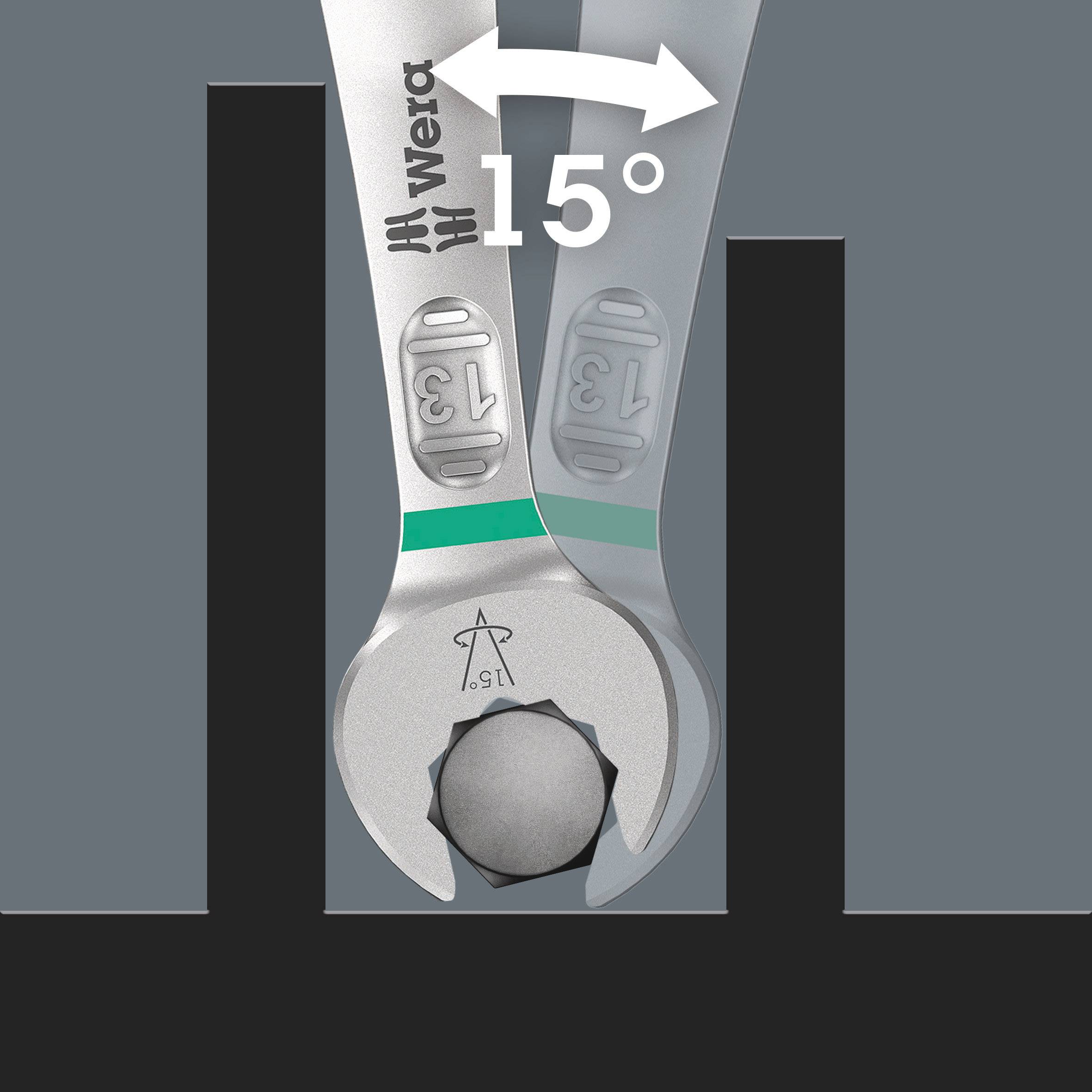 Ringmaulschlüssel bewegt sich in einem 15° Winkel. Zeigt präzise Anwendung für schwer zugängliche Stellen. Markenlogo sichtbar.