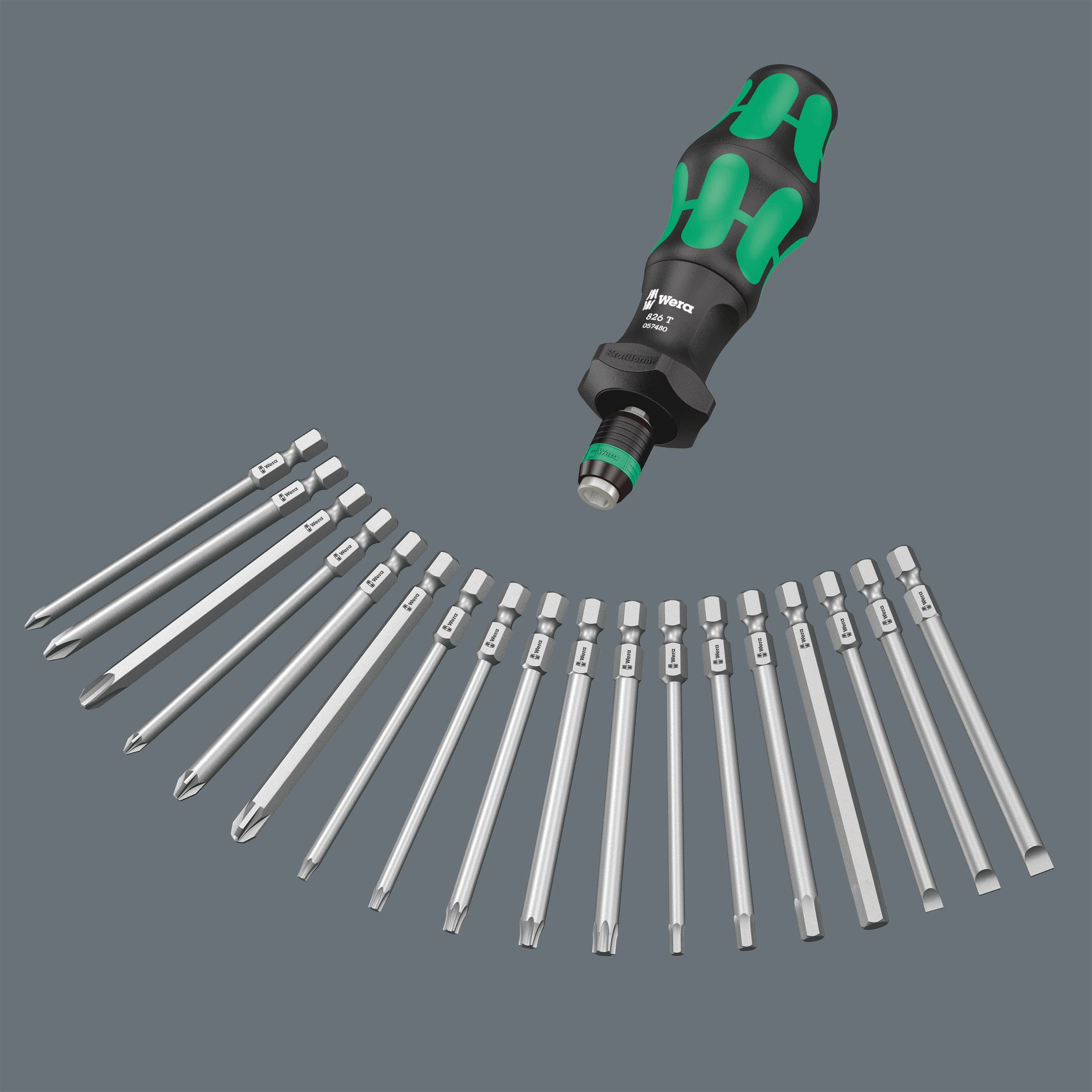 Schraubendreher-Set mit grünem, ergonomischem Griff und 18 verschiedenen Bits, fächerförmig angeordnet.