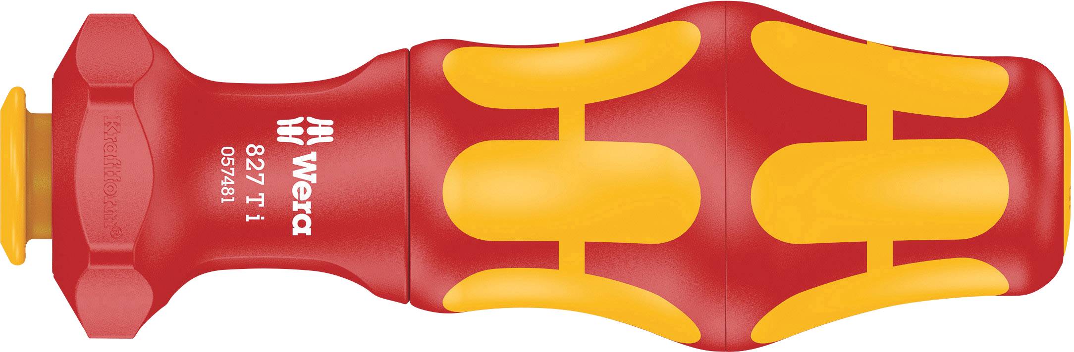 Roter und gelber Schraubendrehergriff mit ergonomischem Design und Wera-Logo, von oben betrachtet.