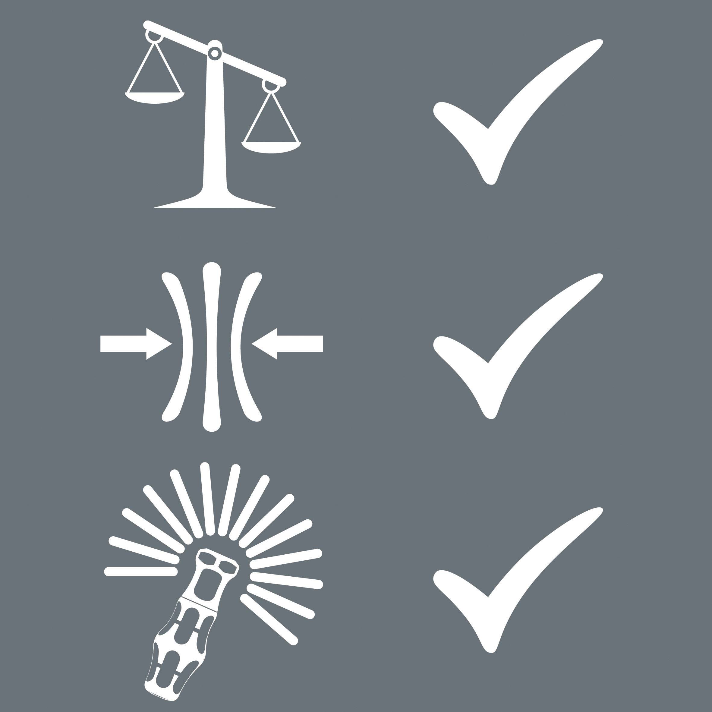 'Gleichgewicht', 'Stabilität' und 'Flexibilität' mit Haken als Symbole mit positiver Bedeutung auf grauem Hintergrund.