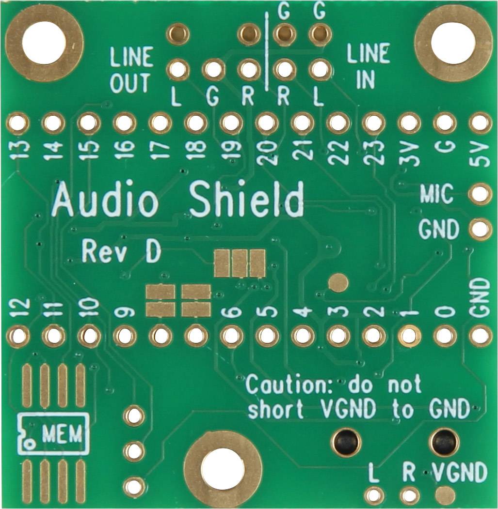 'Audio Shield Platine' mit Beschriftungen für Audio- und Mikrofonanschlüsse, Stromversorgungsstifte und Warnung 'Caution: do not short VGND to GND'.