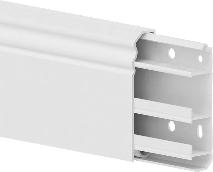 Weißes, wandmontiertes Aluminium-Schienen- oder Schienenprofil in nahaufnahmenahmer Querschnittsdarstellung, mit sichtbaren inneren Kanälen und Befestigungslöchern.