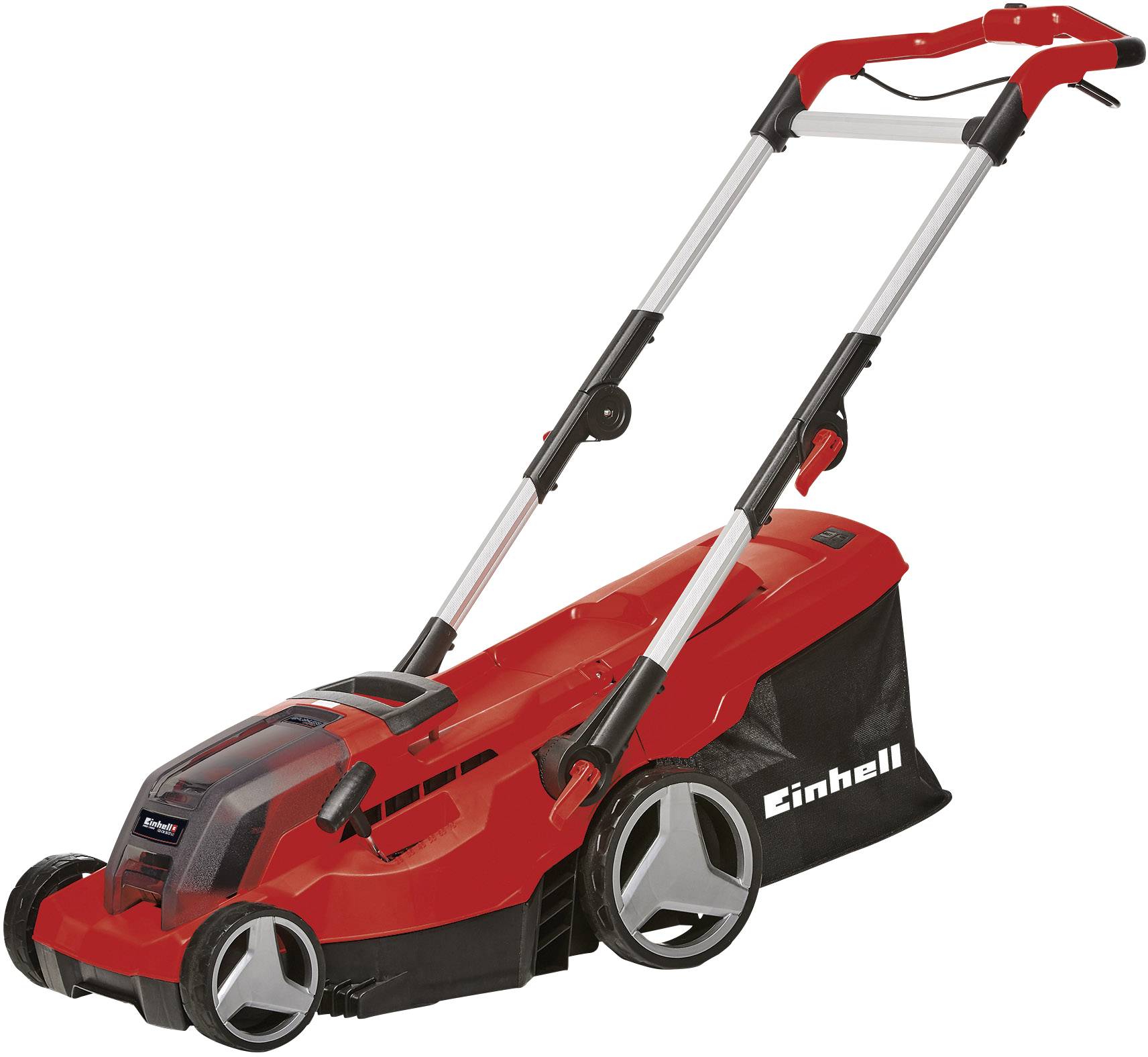Ein roter Rasenmäher mit schwarzem Fangkorb und vier Rädern, der für mittelgroße Gärten geeignet ist.