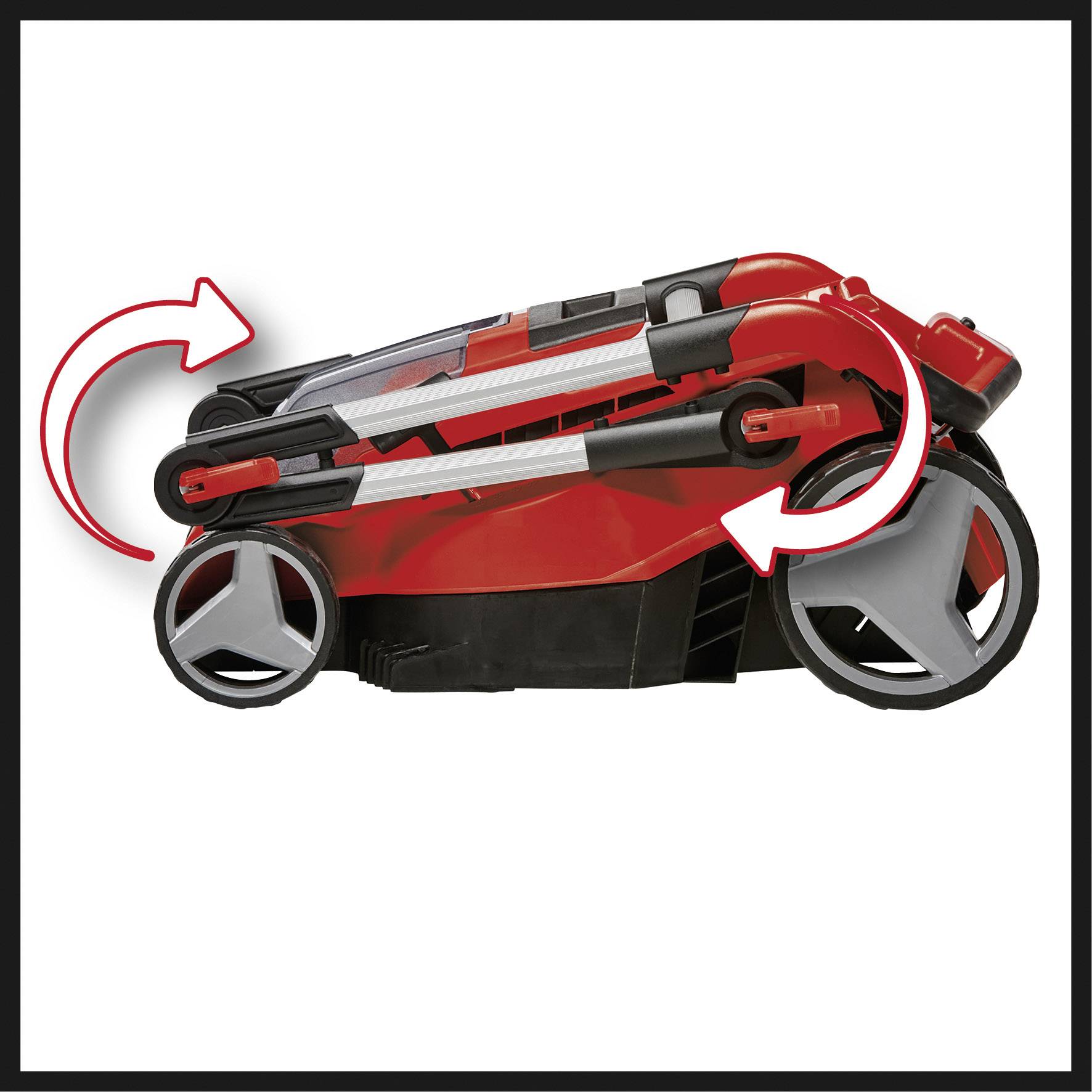 Roter Rasenmäher in zusammengeklappter Stellung mit Pfeilen, die den Klappmechanismus für kompakte Lagerung zeigen.