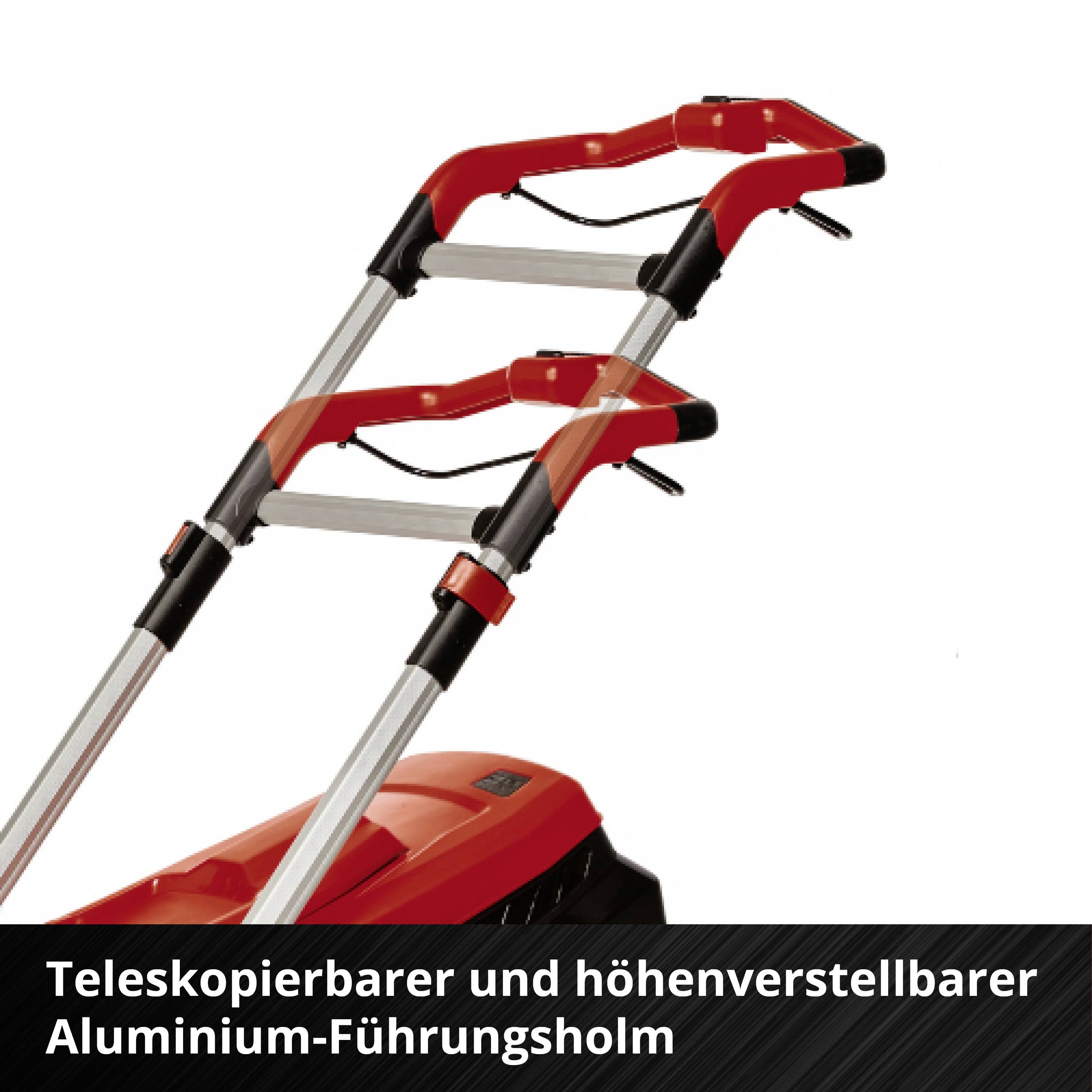 Teleskopierbarer und höhenverstellbarer Aluminium-Führungsholm mit zwei roten Griffen an einem Gerät.