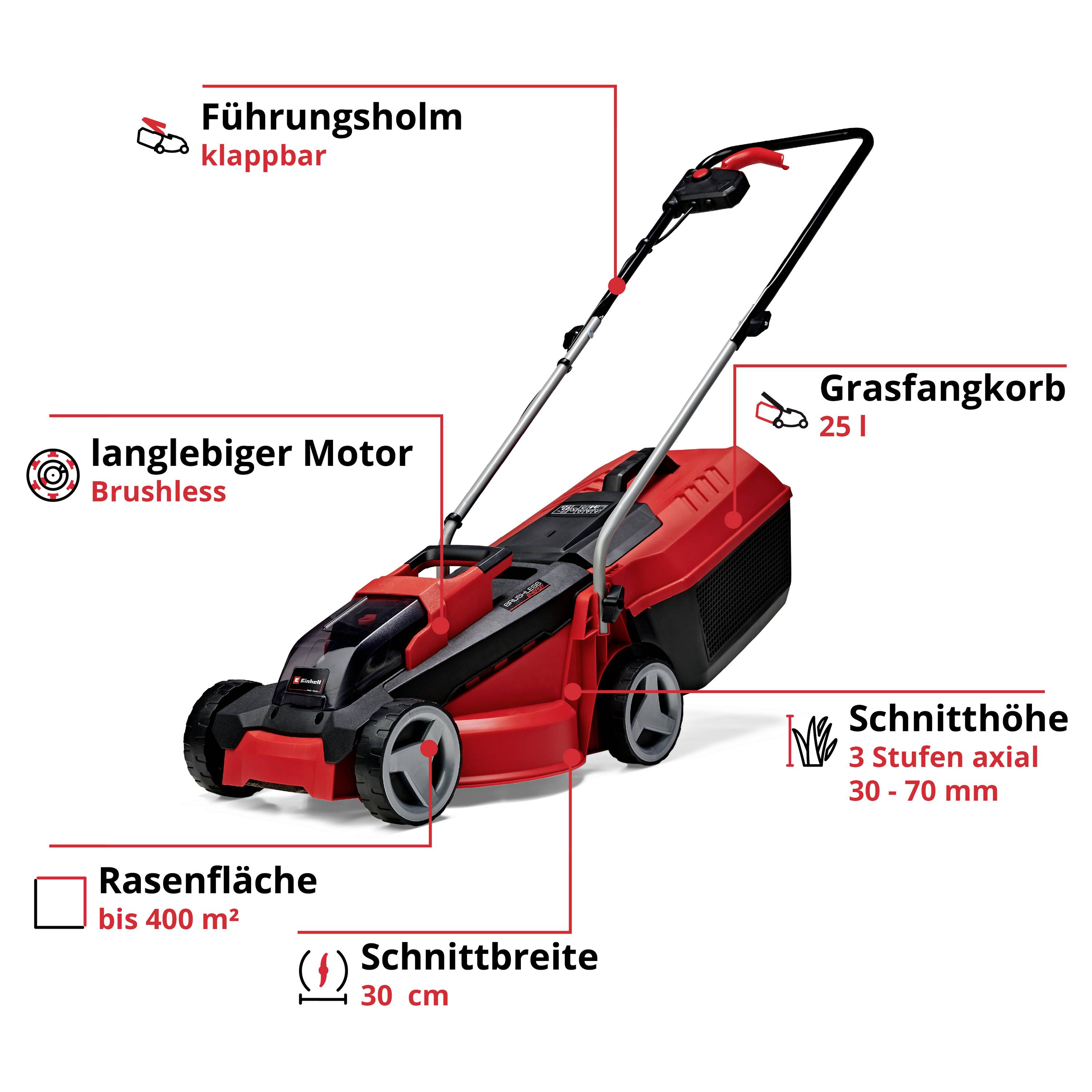 Rasenmäher mit klappbarem Führungsholm, langlebigem Brushless-Motor, 25 l Grasfangkorb, Schnitthöhe 30-70 mm, bis 400 m² Fläche.