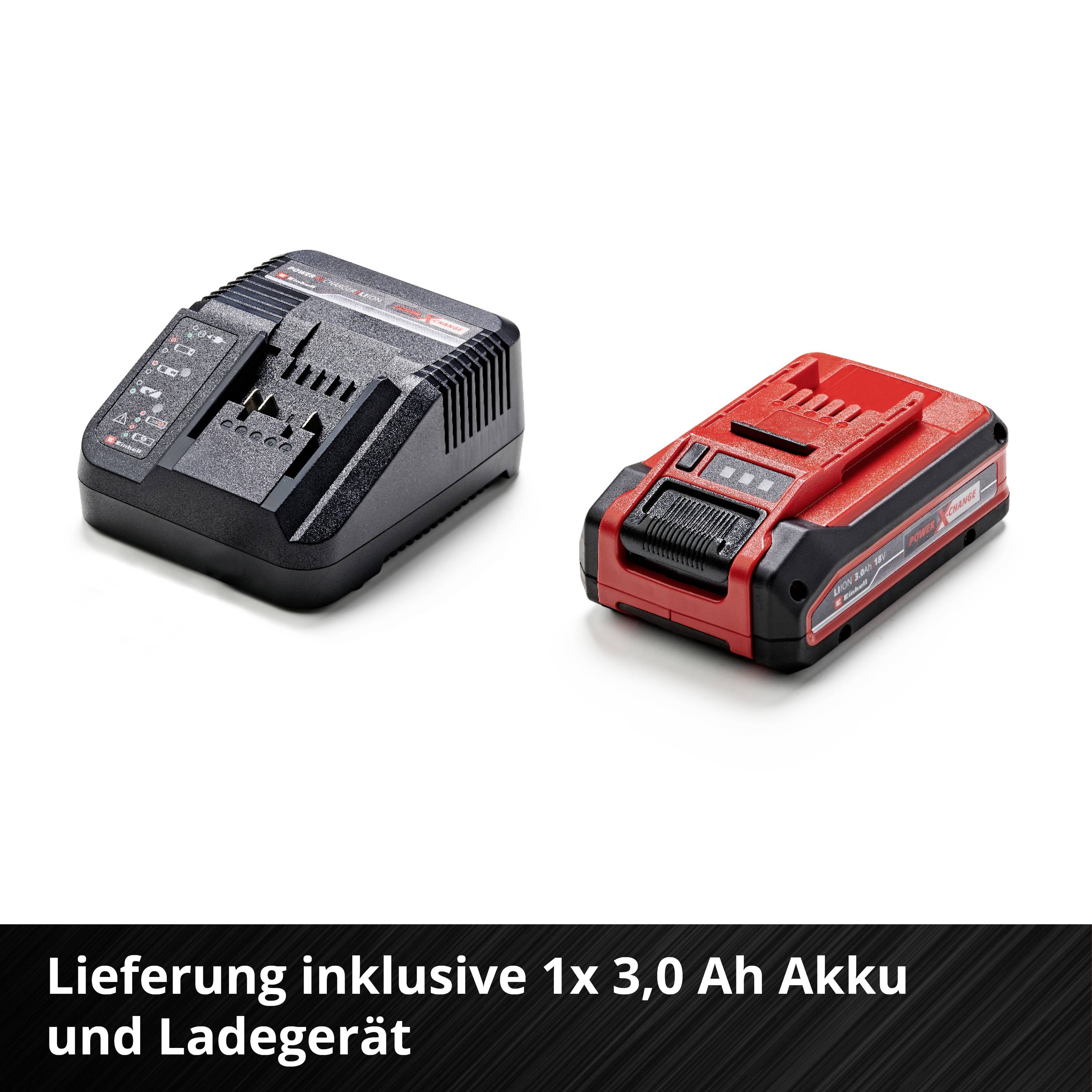 'Lieferung inklusive 1x 3,0 Ah Akku und Ladegerät.' Abbildungen von einem schwarzen Ladegerät und einem roten Akku nebeneinander.
