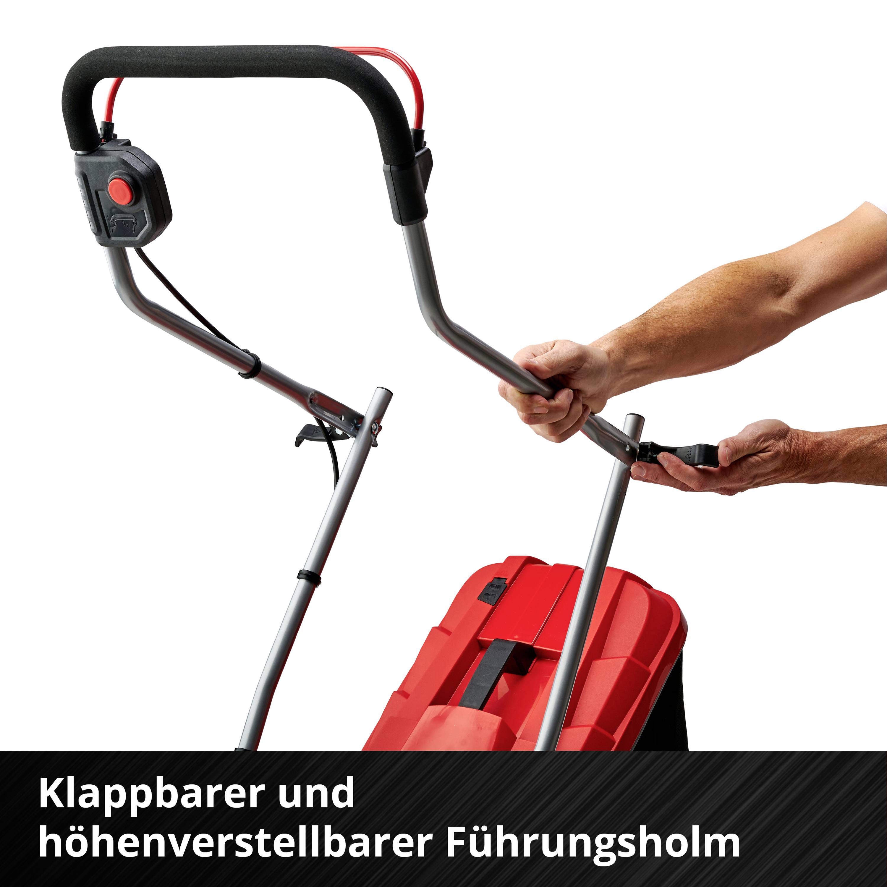 'Klappbarer und höhenverstellbarer Führungsholm' zeigt eine Hand, die einen roten Griff an einem zusammenklappbaren Stab hält.