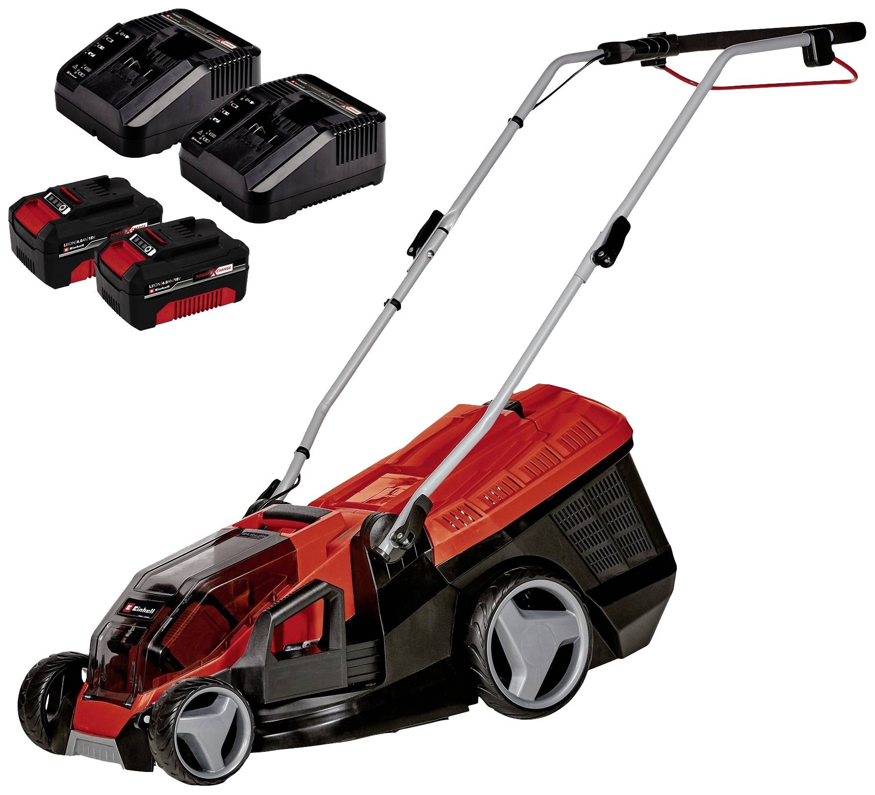 Akku-Rasenmäher mit ergonomischem Griff, zwei Batterien und zwei Ladegeräten. Geeignet für kabelloses Rasenmähen im Garten.